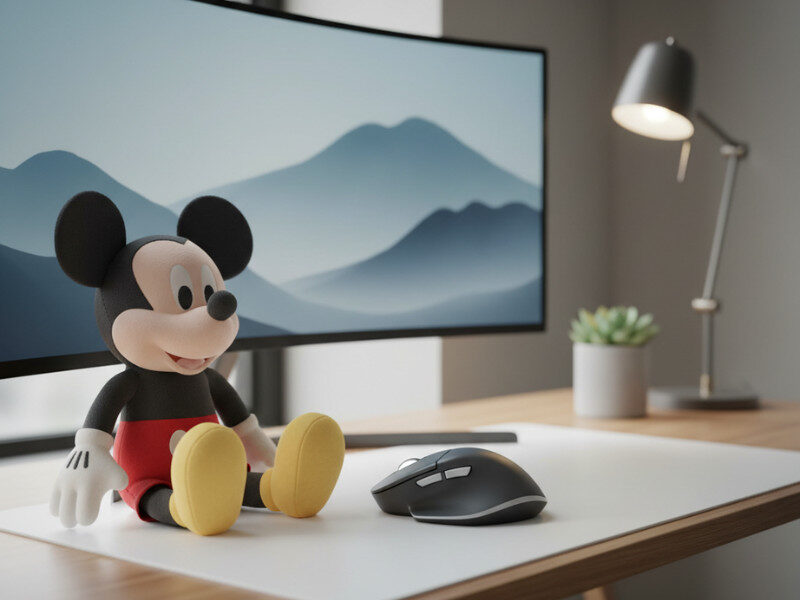 Mickey Mouse de juguete junto a un ratón de computadora